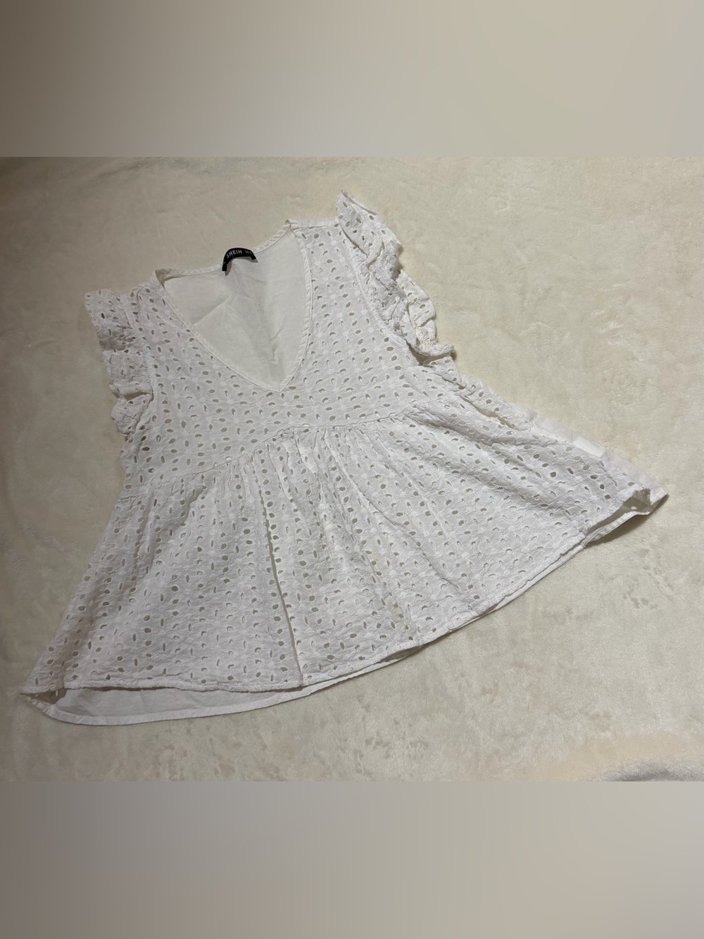 SHEIN White Eyelet V-Neck Peplum Blouse